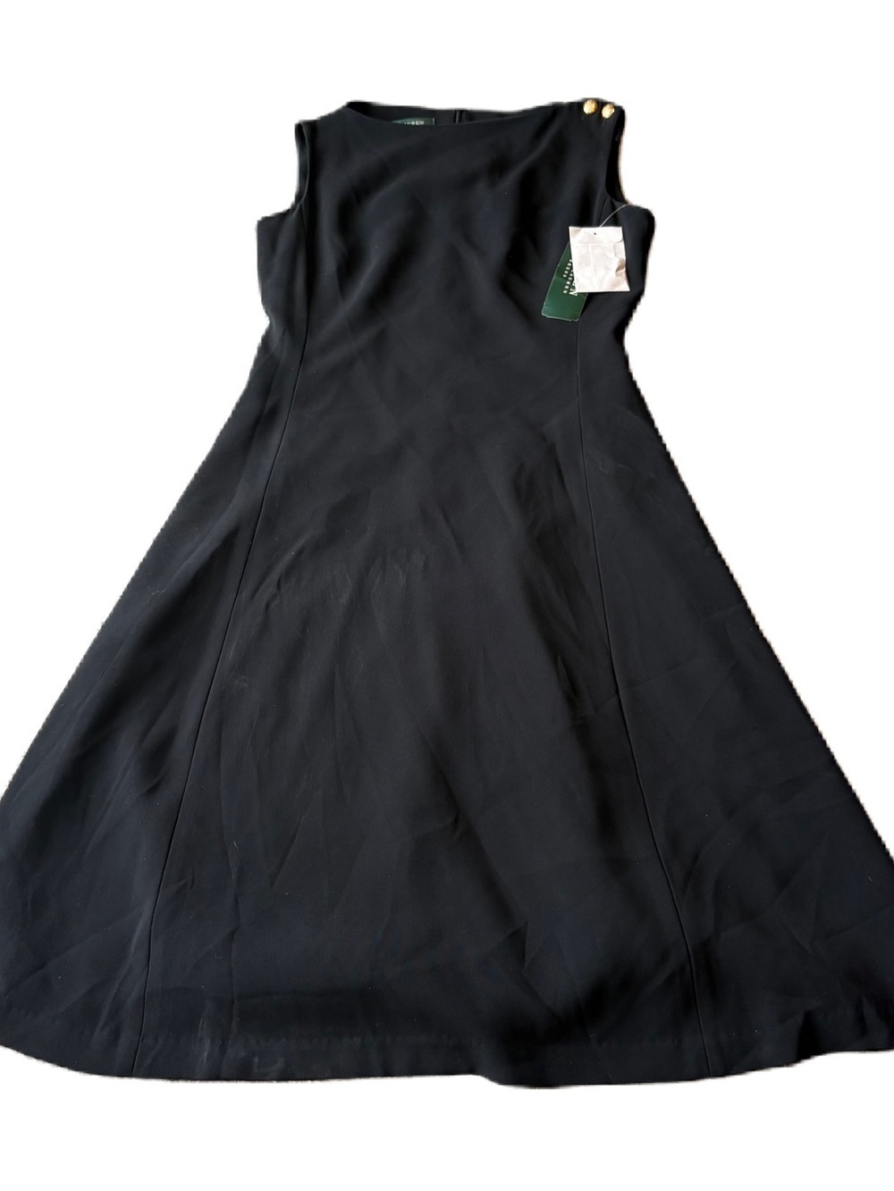 Lauren Ralph Lauren A-line Black Dress Gold Button Shoulder NEW Sz 6 Cocktail